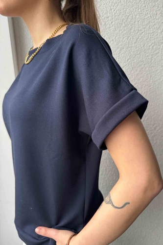 TKM-03574 Lacivert Modal Kumaş Basic Tshirt Palazzo Pantolon İkili Takım - Thumbnail
