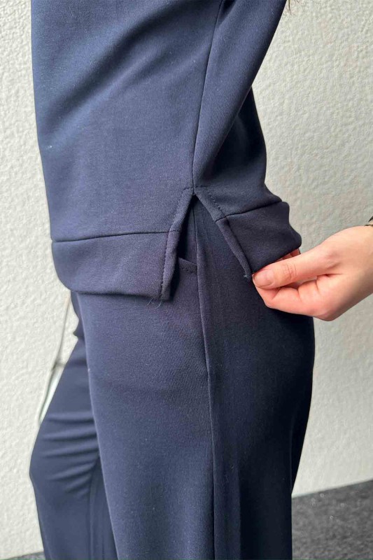 TKM-03574 Lacivert Modal Kumaş Basic Tshirt Palazzo Pantolon İkili Takım