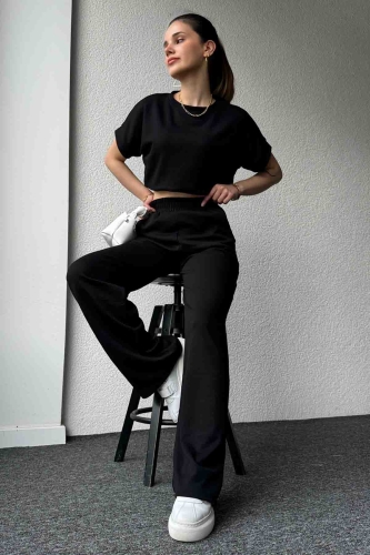 Cappmoda - TKM-03574 Siyah Modal Kumaş Basic Tshirt Palazzo Pantolon İkili Takım (1)