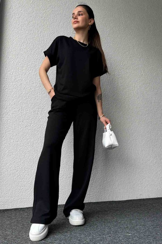 TKM-03574 Siyah Modal Kumaş Basic Tshirt Palazzo Pantolon İkili Takım