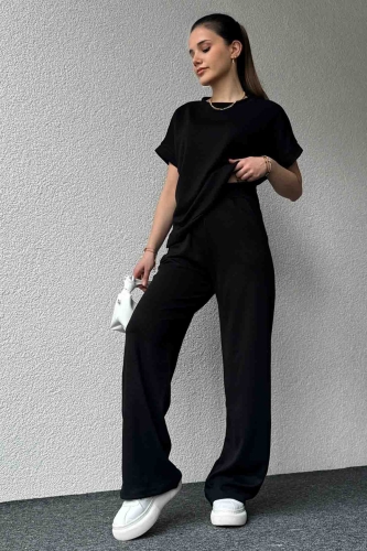 TKM-03574 Siyah Modal Kumaş Basic Tshirt Palazzo Pantolon İkili Takım - Thumbnail
