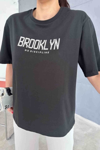 TKM-03587 Boyama Gri Brooklyn Enjeksiyon Baskılı Salaş Tişört Palazzo Eşofman İkili Takım - Thumbnail