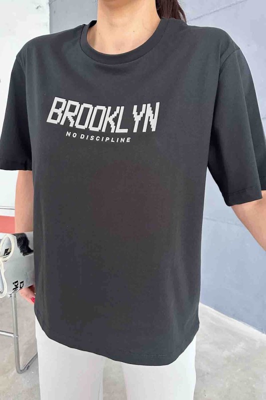 TKM-03587 Boyama Gri Brooklyn Enjeksiyon Baskılı Salaş Tişört Palazzo Eşofman İkili Takım
