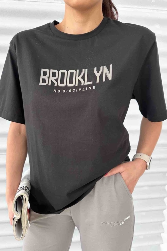 TKM-03587 Füme Brooklyn Enjeksiyon Baskılı Salaş Tişört Palazzo Eşofman İkili Takım - Thumbnail