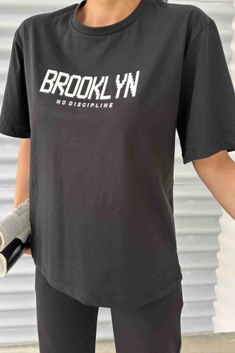 TKM-03587 Siyah Brooklyn Enjeksiyon Baskılı Salaş Tişört Palazzo Eşofman İkili Takım - Thumbnail