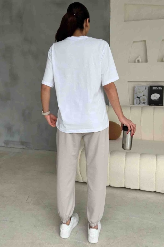 TKM-03588 Boyama Gri Çin Yazı Desen Enjeksiyon Baskılı Basic Tişört Jogger Eşofman Altı İkili Takım - Thumbnail
