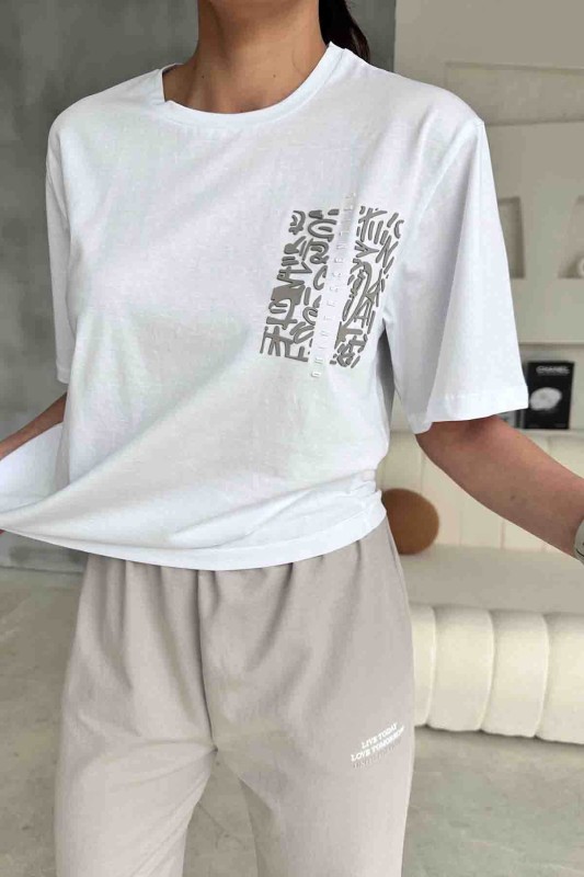 TKM-03588 Boyama Gri Çin Yazı Desen Enjeksiyon Baskılı Basic Tişört Jogger Eşofman Altı İkili Takım