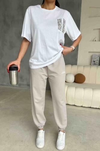 TKM-03588 Boyama Gri Çin Yazı Desen Enjeksiyon Baskılı Basic Tişört Jogger Eşofman Altı İkili Takım - Thumbnail