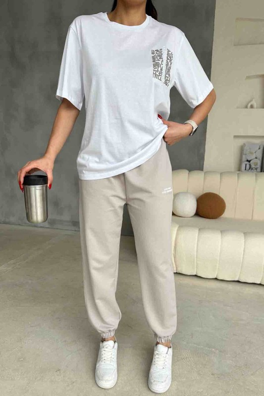 TKM-03588 Boyama Gri Çin Yazı Desen Enjeksiyon Baskılı Basic Tişört Jogger Eşofman Altı İkili Takım