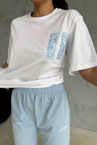 TKM-03588 Mavi Çin Yazı Desen Enjeksiyon Baskılı Basic Tişört Jogger Eşofman Altı İkili Takım - Thumbnail