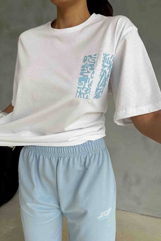 TKM-03588 Mavi Çin Yazı Desen Enjeksiyon Baskılı Basic Tişört Jogger Eşofman Altı İkili Takım