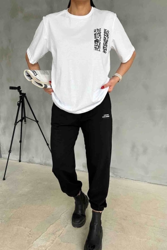 TKM-03588 Siyah Çin Yazı Desen Enjeksiyon Baskılı Basic Tişört Jogger Eşofman Altı İkili Takım - Thumbnail