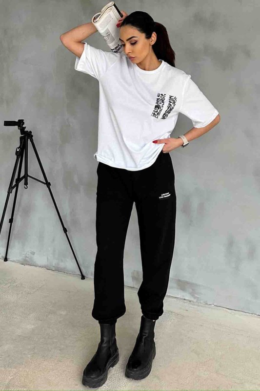 TKM-03588 Siyah Çin Yazı Desen Enjeksiyon Baskılı Basic Tişört Jogger Eşofman Altı İkili Takım