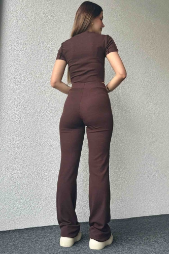 TKM-03590 Kahverengi Ters Dikiş Detaylı Crop Bluz Salaş Pantolon İkili Takım - Thumbnail