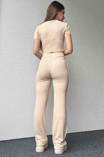 TKM-03590 Krem Rengi Ters Dikiş Detaylı Crop Bluz Salaş Pantolon İkili Takım - Thumbnail