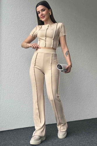 TKM-03590 Krem Rengi Ters Dikiş Detaylı Crop Bluz Salaş Pantolon İkili Takım - Thumbnail