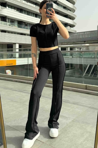 TKM-03590 Siyah Ters Dikiş Detaylı Crop Bluz Salaş Pantolon İkili Takım - Thumbnail