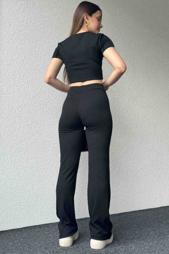 TKM-03590 Siyah Ters Dikiş Detaylı Crop Bluz Salaş Pantolon İkili Takım - Thumbnail