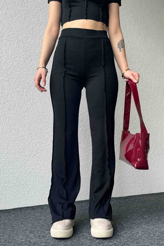 TKM-03590 Siyah Ters Dikiş Detaylı Crop Bluz Salaş Pantolon İkili Takım