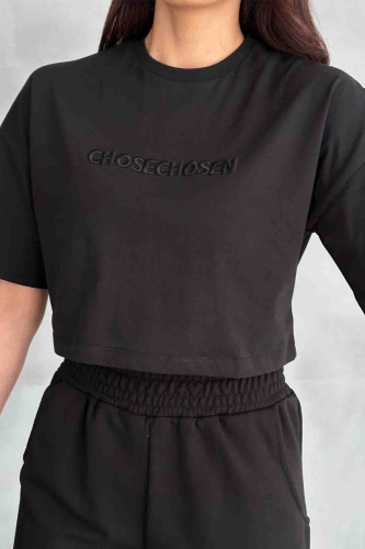 TKM-03595 Siyah Chosecchosen Yazı Nakışlı Crop Tişört Salaş Eşofman İkili Takım - Thumbnail