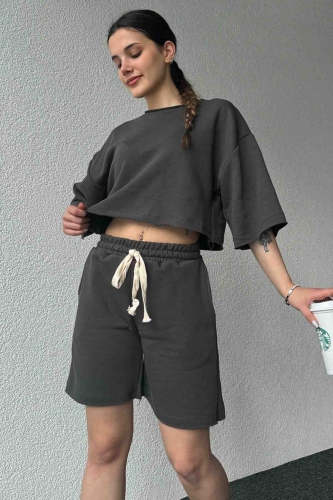 TKM-03598 Füme Rengi Pis Dikişli Kordonlu Crop Şort Takım - 1