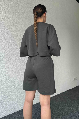 TKM-03598 Füme Rengi Pis Dikişli Kordonlu Crop Şort Takım - 4