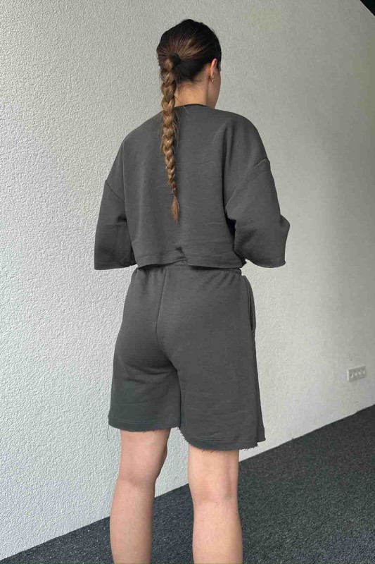 TKM-03598 Füme Rengi Pis Dikişli Kordonlu Crop Şort Takım - 4
