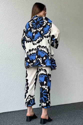 TKM-03601 Mavi Büyük Çiçek Desenli Kimono Pantolon İkili Takım - Thumbnail