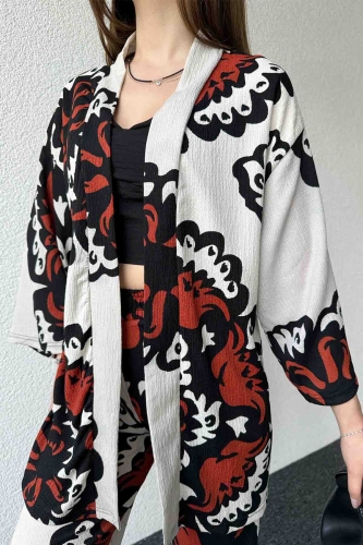 Cappmoda - TKM-03601 Taba Büyük Çiçek Desenli Kimono Pantolon İkili Takım (1)