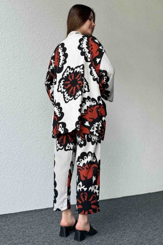 TKM-03601 Taba Büyük Çiçek Desenli Kimono Pantolon İkili Takım - Thumbnail