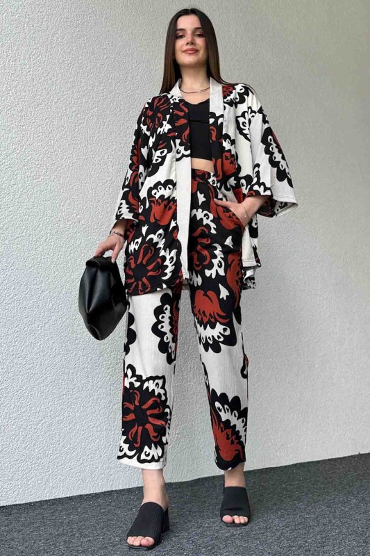 TKM-03601 Taba Büyük Çiçek Desenli Kimono Pantolon İkili Takım