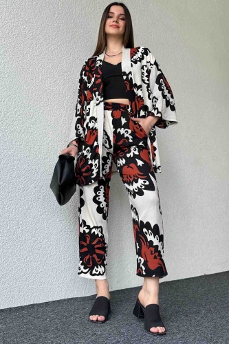 TKM-03601 Taba Büyük Çiçek Desenli Kimono Pantolon İkili Takım - Thumbnail
