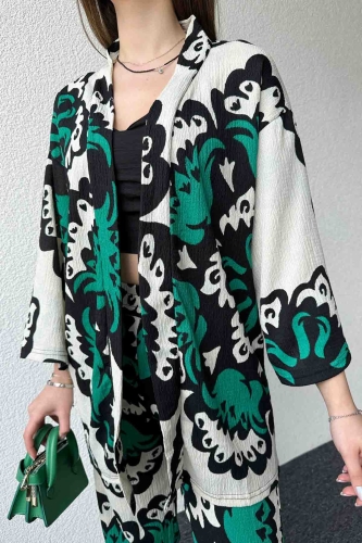 Cappmoda - TKM-03601 Yeşil Büyük Çiçek Desenli Kimono Pantolon İkili Takım (1)