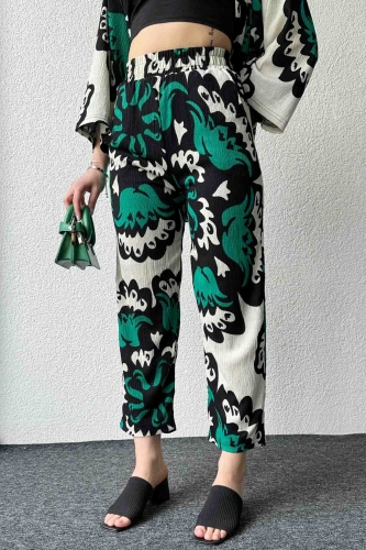 TKM-03601 Yeşil Büyük Çiçek Desenli Kimono Pantolon İkili Takım - Thumbnail