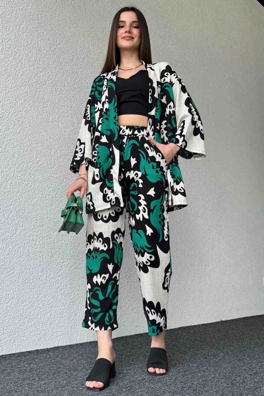 TKM-03601 Yeşil Büyük Çiçek Desenli Kimono Pantolon İkili Takım