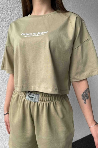 TKM-03607 Haki Baskılı Crop Tişört Şort İkili Takım - Thumbnail