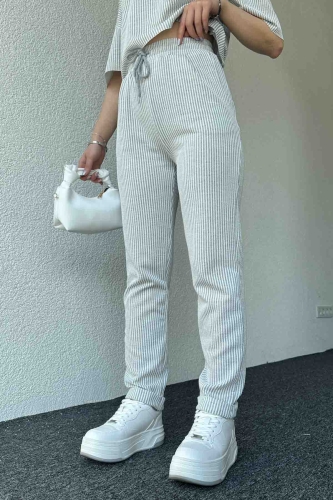TKM-03609 Gri Beyaz Çizgili Tasarım Bluz Havuç Pantolon Ottoman Kumaş İkili Takım - Thumbnail