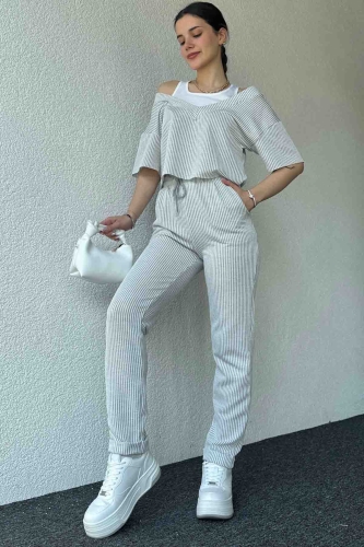 TKM-03609 Gri Beyaz Çizgili Tasarım Bluz Havuç Pantolon Ottoman Kumaş İkili Takım - Thumbnail