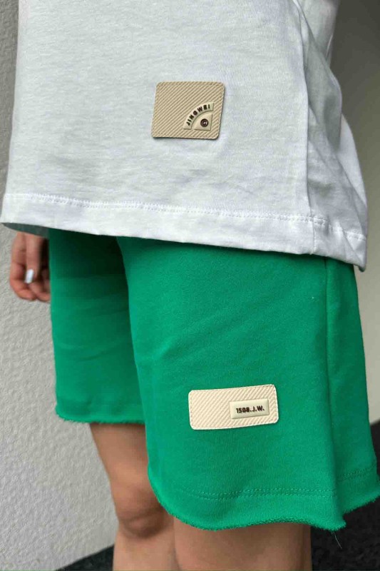 TKM-03610 Yeşil-Beyaz Etiket Detay Basic Tişört Şort İkili Takım