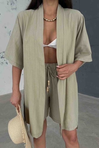TKM-03611 Haki Kuşaklı Kimono Lastikli Şort Keten Kumaş İkili Takım - Thumbnail