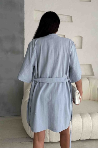 TKM-03611 Mavi Kuşaklı Kimono Lastikli Şort Keten Kumaş İkili Takım - Thumbnail