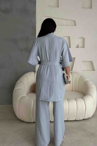 TKM-03612 Mavi Kuşaklı Kimono Palazzo Pantolon Keten Kumaş İkili Takım - Thumbnail