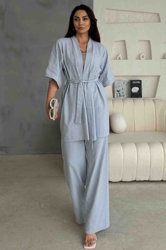TKM-03612 Mavi Kuşaklı Kimono Palazzo Pantolon Keten Kumaş İkili Takım - Thumbnail