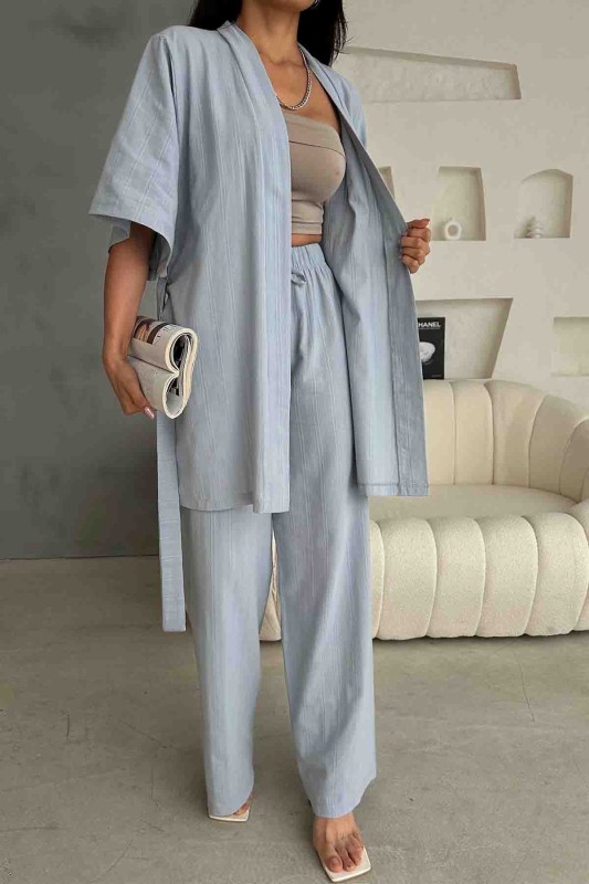 TKM-03612 Mavi Kuşaklı Kimono Palazzo Pantolon Keten Kumaş İkili Takım
