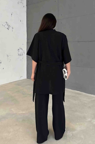 TKM-03612 Siyah Kuşaklı Kimono Palazzo Pantolon Keten Kumaş İkili Takım - Thumbnail