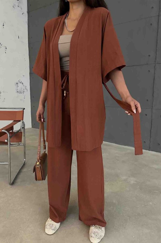 TKM-03612 Taba Kuşaklı Kimono Palazzo Pantolon Keten Kumaş İkili Takım - 2