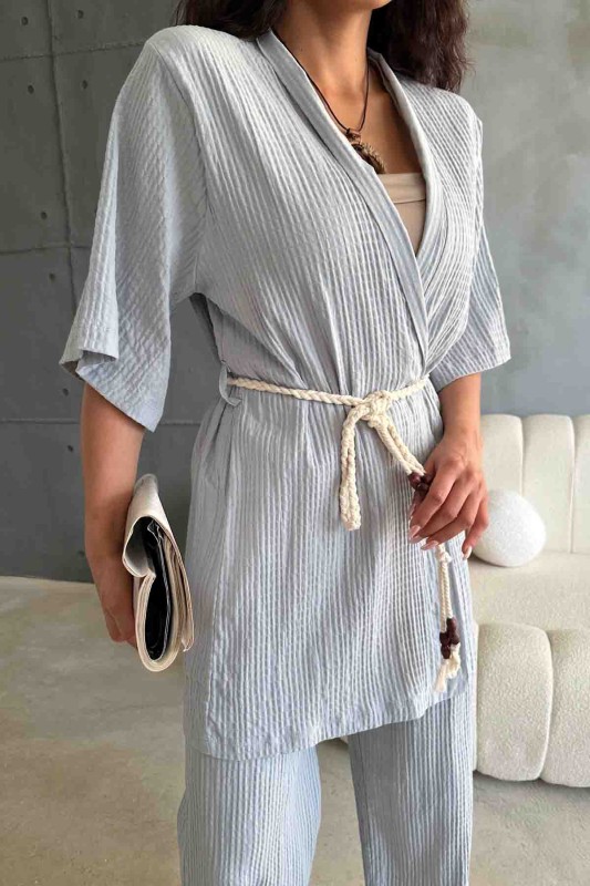 TKM-03615 Mavi Gofre Kumaş Halat Kuşaklı Kimono Bağlamalı Palazzo Pantolon İkili Takım - 2