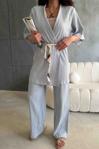 TKM-03615 Mavi Gofre Kumaş Halat Kuşaklı Kimono Bağlamalı Palazzo Pantolon İkili Takım - 3