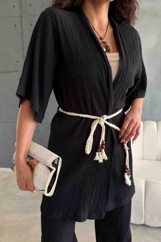 Cappmoda - TKM-03615 Siyah Gofre Kumaş Halat Kuşaklı Kimono Bağlamalı Palazzo Pantolon İkili Takım (1)