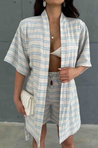 TKM-03618 Mavi Çizgili Keten Kumaş Kuşaklı Kimono Bel Lastikli Şort İkili Takım - Thumbnail